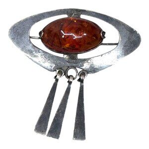 Vtg Sterling Silver Large Amber Cabochon Modernist Brutalist Brooch Pin Dangling